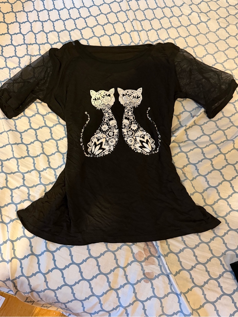 Black Short-Sleeve Tee with White Cat Graphic